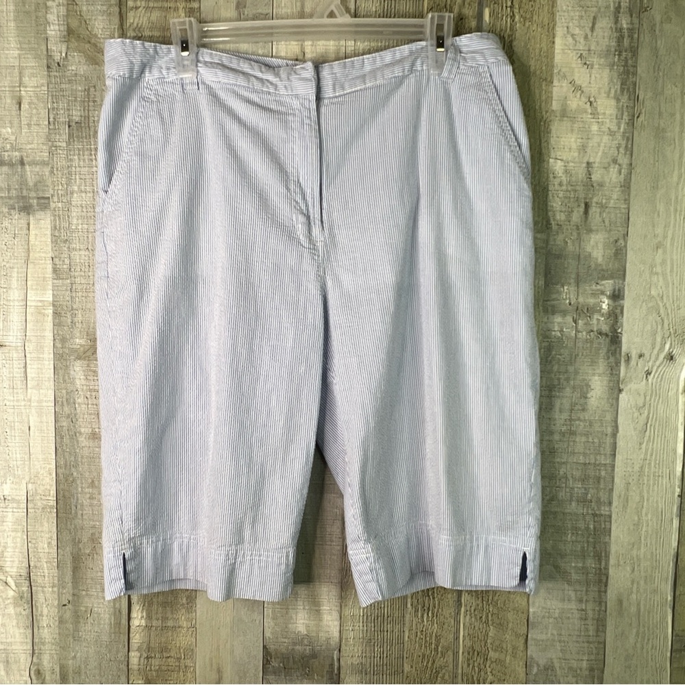 Kim Rogers Size 14 Blue & White Pin Striped Bermuda Shorts Front & Back Pockets